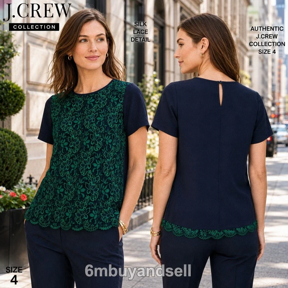 J. Crew Collection Navy Green Floral Lace Silk Sleeve Blouse Top 04232 Size 4